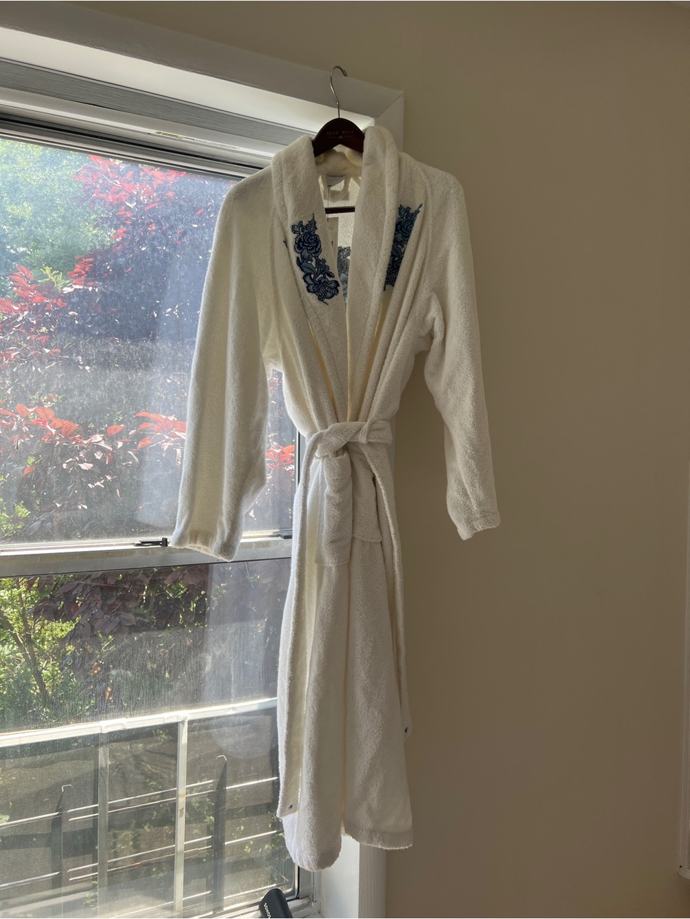 Yves Delorme - White Terry Cloth Robe with Blue Embroidered Detail